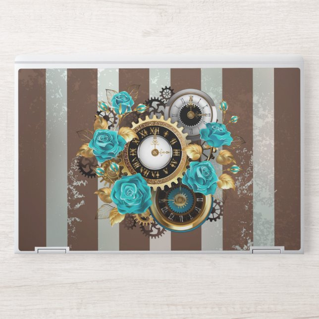 Steampunk Clock and Turquoise Roses on Striped HP Laptop Skin (Front)