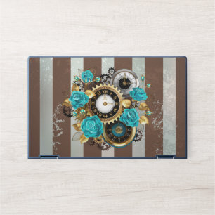 Steampunk Clock and Turquoise Roses on Striped HP Laptop Skin