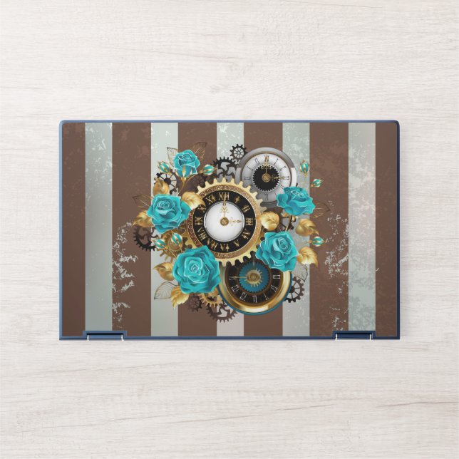 Steampunk Clock and Turquoise Roses on Striped HP Laptop Skin (Front)
