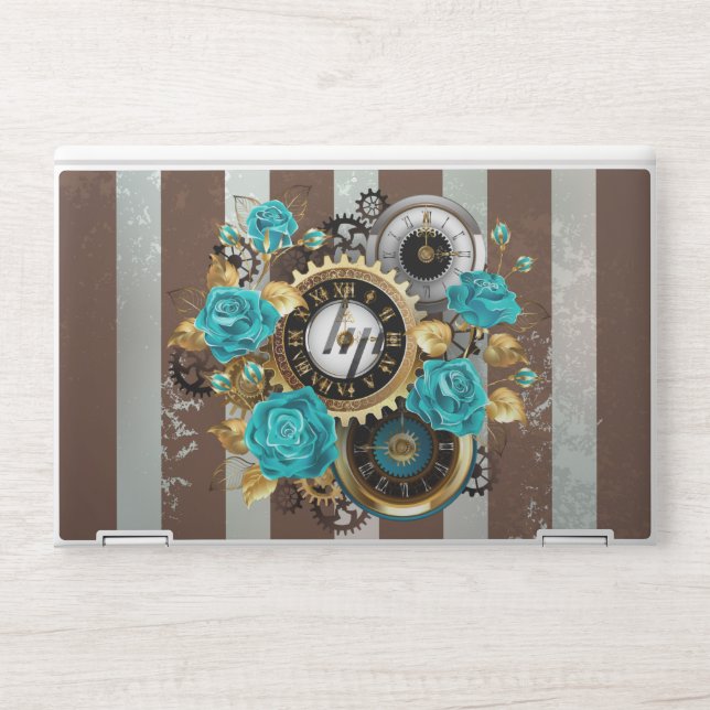 Steampunk Clock and Turquoise Roses on Striped HP Laptop Skin (Front)
