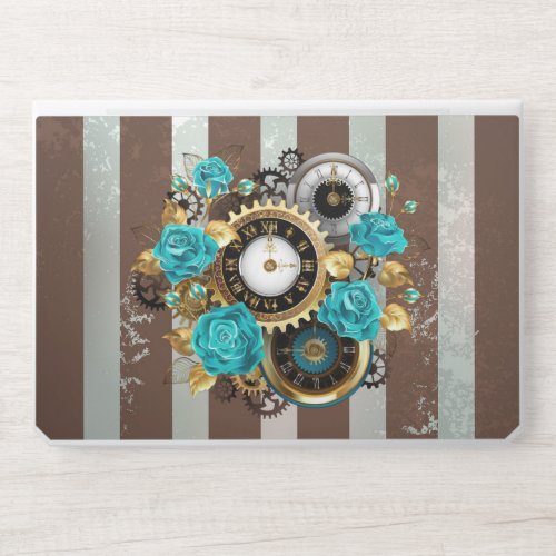 Steampunk Clock and Turquoise Roses on Striped HP Laptop Skin