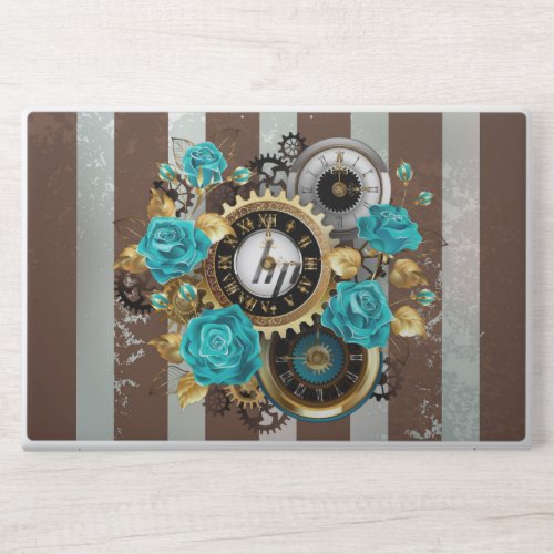 Steampunk Clock and Turquoise Roses on Striped HP Laptop Skin