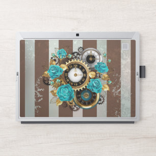 Steampunk Clock and Turquoise Roses on Striped HP Laptop Skin