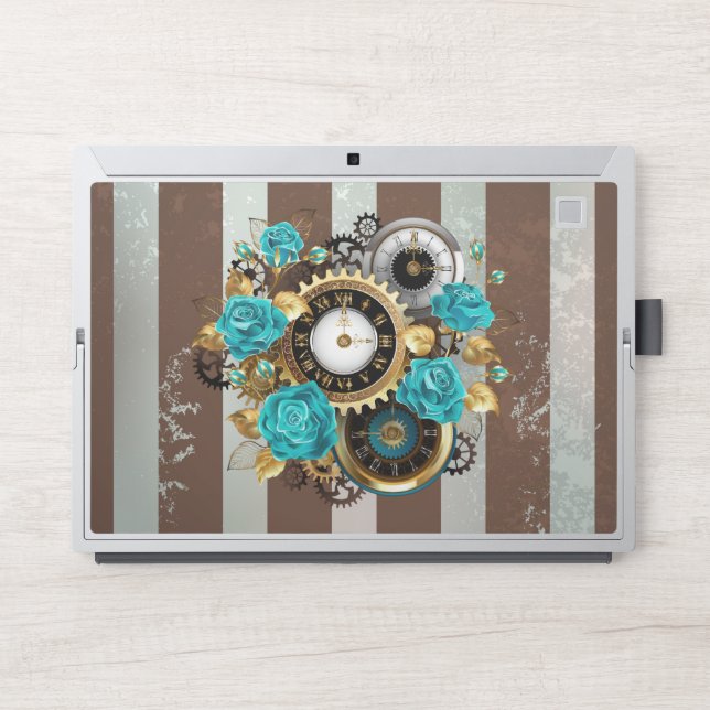Steampunk Clock and Turquoise Roses on Striped HP Laptop Skin (Front)