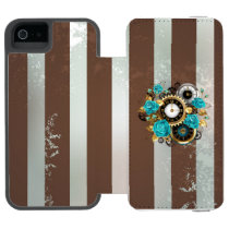 Steampunk Clock and Turquoise Roses on Striped iPhone SE/5/5s Wallet Case