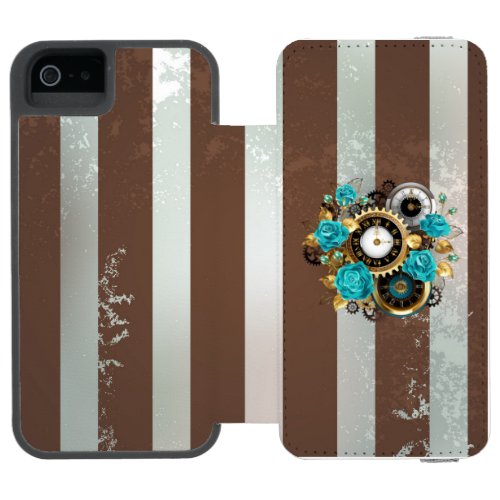 Steampunk Clock and Turquoise Roses on Striped iPhone SE55s Wallet Case