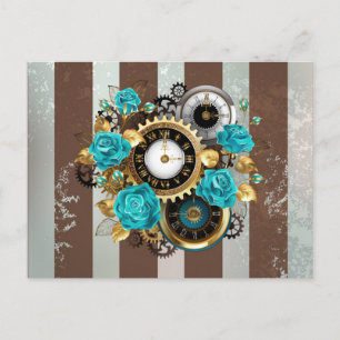 Steampunk Clock and Turquoise Roses on Striped Invitation Postcard