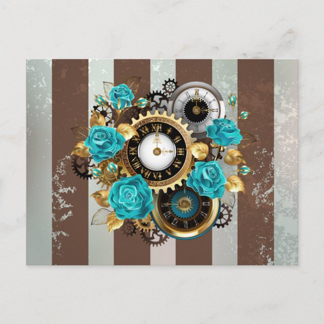 Steampunk Clock and Turquoise Roses on Striped Invitation Postcard (Front)