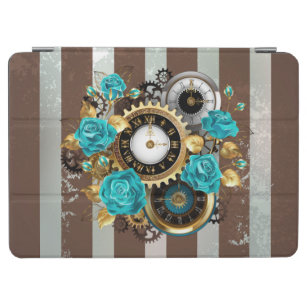 Steampunk Clock and Turquoise Roses on Striped iPad Air Cover