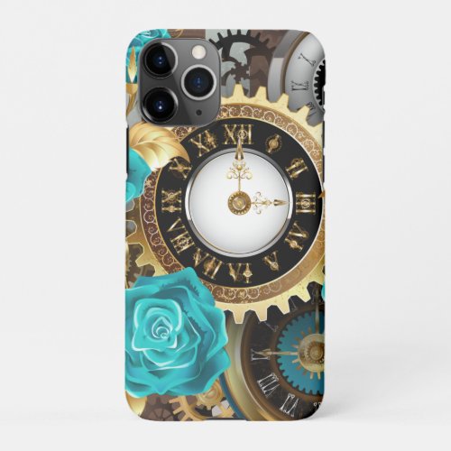 Steampunk Clock and Turquoise Roses on Striped iPhone 11Pro Case