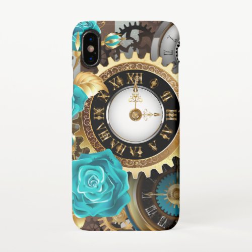 Steampunk Clock and Turquoise Roses on Striped iPhone XS Case
