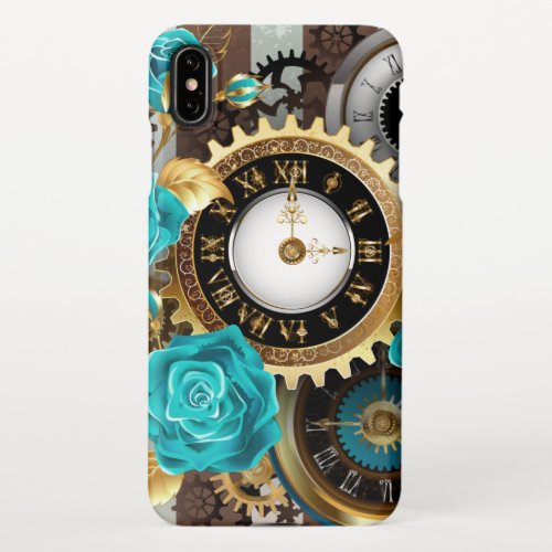 Steampunk Clock and Turquoise Roses on Striped iPhone XS Max Case