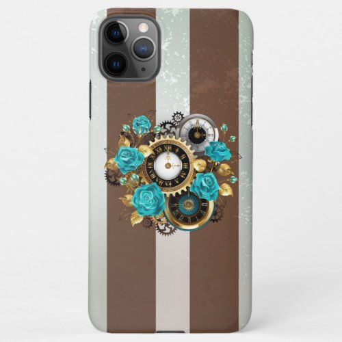 Steampunk Clock and Turquoise Roses on Striped iPhone 11Pro Max Case