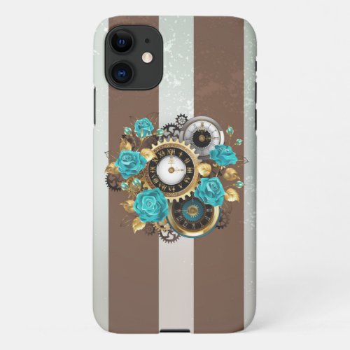 Steampunk Clock and Turquoise Roses on Striped iPhone 11 Case