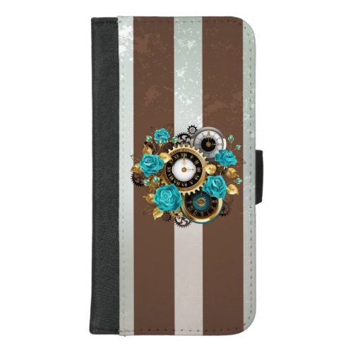 Steampunk Clock and Turquoise Roses on Striped iPhone 87 Plus Wallet Case