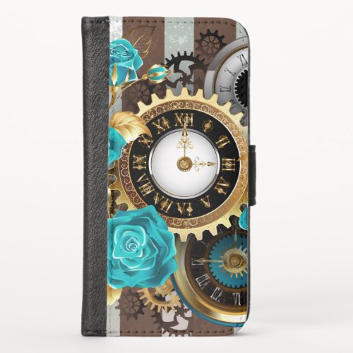 Steampunk Clock and Turquoise Roses on Striped iPhone XS Wallet Case