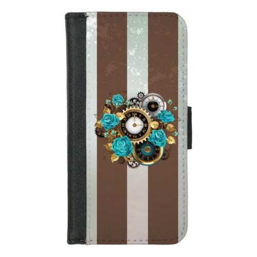 Steampunk Clock and Turquoise Roses on Striped iPhone 87 Wallet Case