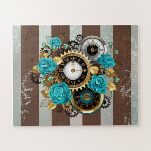 Steampunk Clock and Turquoise Roses on Striped Jigsaw Puzzle