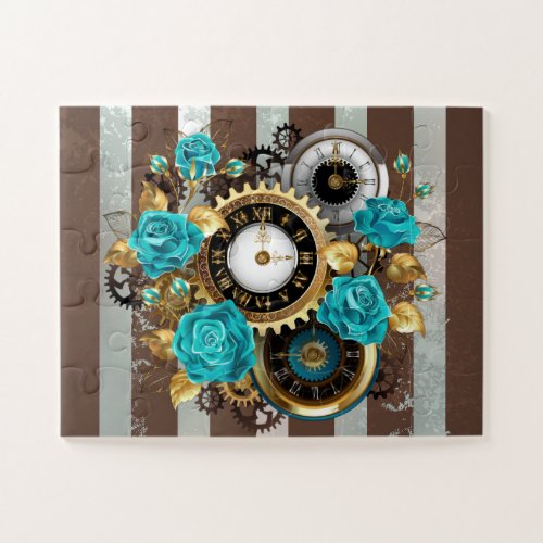 Steampunk Clock and Turquoise Roses on Striped Jigsaw Puzzle