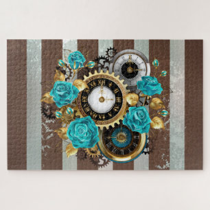 Steampunk Clock and Turquoise Roses on Striped Jigsaw Puzzle