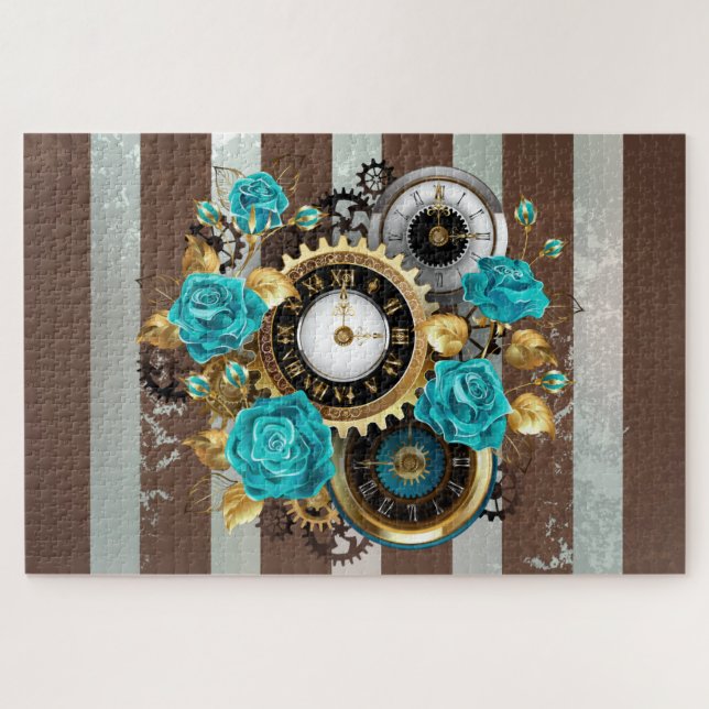 Steampunk Clock and Turquoise Roses on Striped Jigsaw Puzzle (Horizontal)