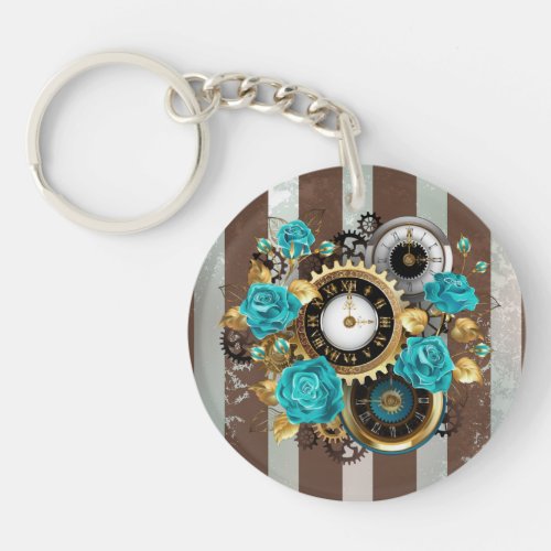 Steampunk Clock and Turquoise Roses on Striped Keychain