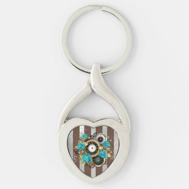 Steampunk Clock and Turquoise Roses on Striped Keychain (Front)