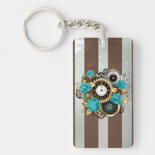 Steampunk Clock and Turquoise Roses on Striped Keychain
