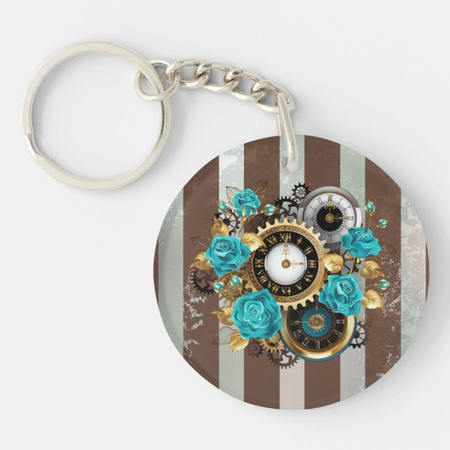 Steampunk Clock and Turquoise Roses on Striped Keychain (Front)