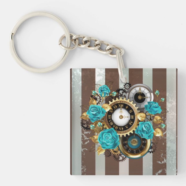 Steampunk Clock and Turquoise Roses on Striped Keychain (Front)