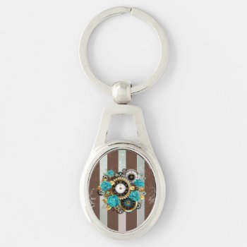 Steampunk Clock And Turquoise Roses On Striped Keychain by Blackmoon9 at Zazzle