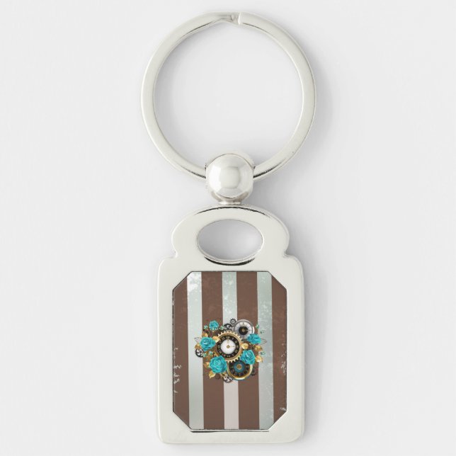 Steampunk Clock and Turquoise Roses on Striped Keychain (Front)