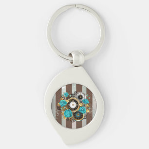Steampunk Clock and Turquoise Roses on Striped Keychain