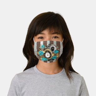 Steampunk Clock and Turquoise Roses on Striped Kids' Cloth Face Mask