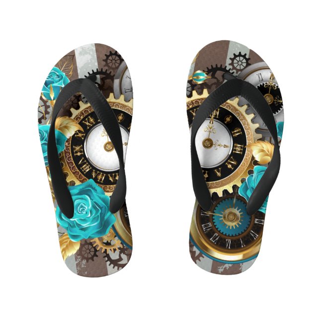 Steampunk Clock and Turquoise Roses on Striped Kid's Flip Flops (Footbed)