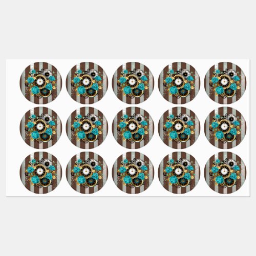 Steampunk Clock and Turquoise Roses on Striped Kids Labels