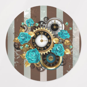 Steampunk Clock and Turquoise Roses on Striped Kids' Labels