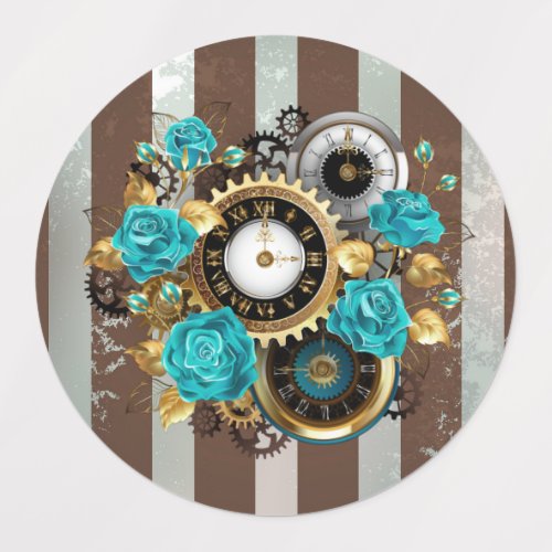 Steampunk Clock and Turquoise Roses on Striped Kids Labels