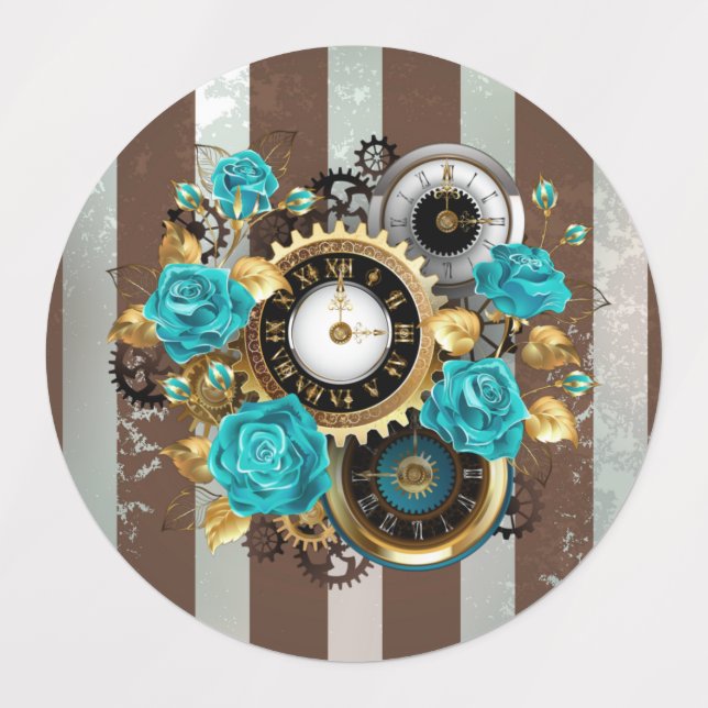 Steampunk Clock and Turquoise Roses on Striped Kids' Labels (Design 1)