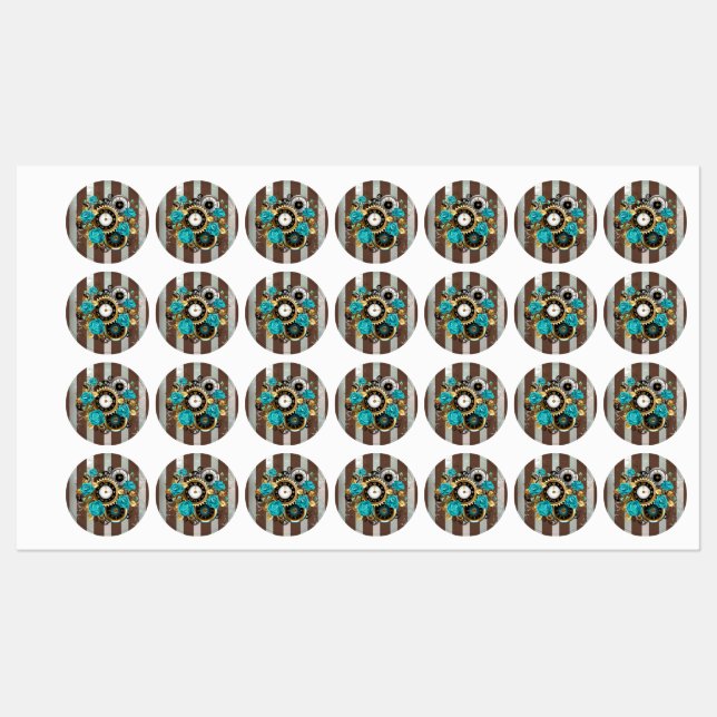 Steampunk Clock and Turquoise Roses on Striped Kids' Labels (Sheet)
