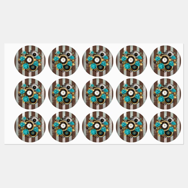 Steampunk Clock and Turquoise Roses on Striped Labels (Sheet)