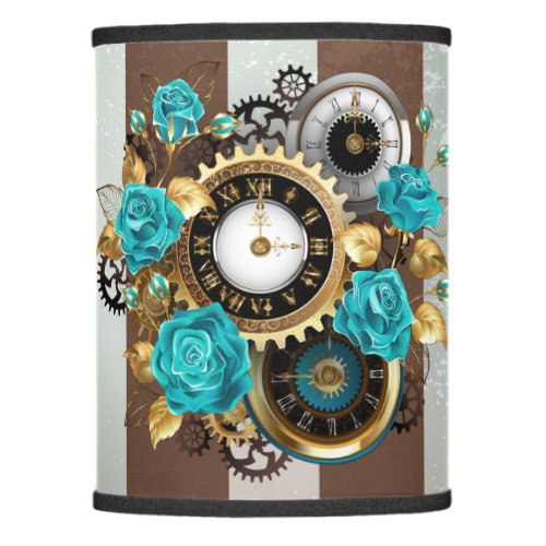 Steampunk Clock and Turquoise Roses on Striped Lamp Shade