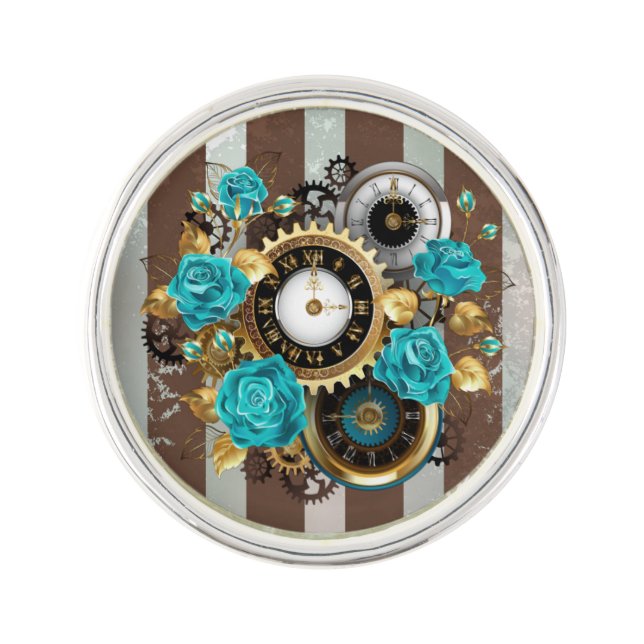 Steampunk Clock and Turquoise Roses on Striped Lapel Pin (Front)