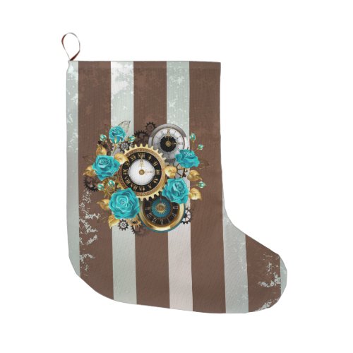 Steampunk Clock and Turquoise Roses on Striped Large Christmas Stocking