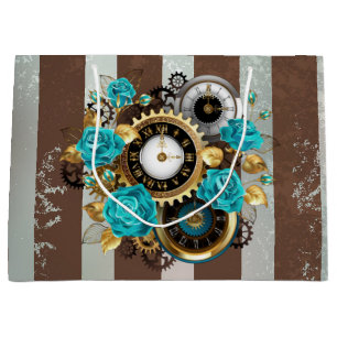 Steampunk Clock and Turquoise Roses on Striped Large Gift Bag