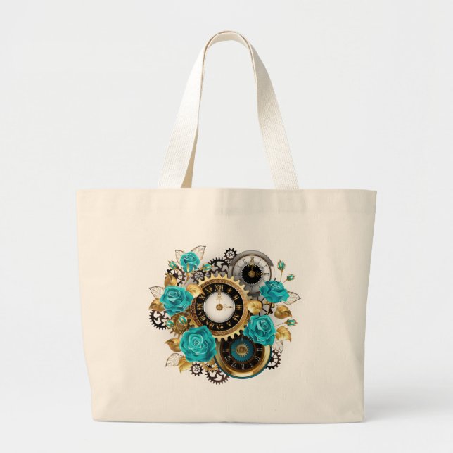 Steampunk Clock and Turquoise Roses on Striped Large Tote Bag (Front)
