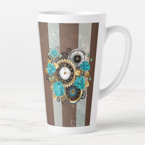 Steampunk Clock and Turquoise Roses on Striped Latte Mug