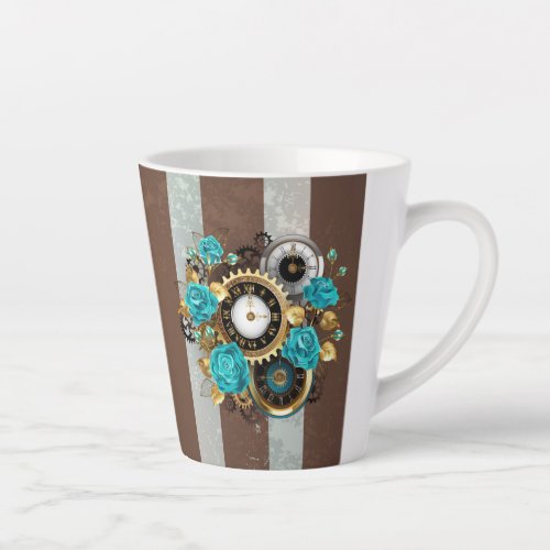 Steampunk Clock and Turquoise Roses on Striped Latte Mug