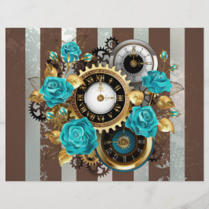 Steampunk Clock and Turquoise Roses on Striped Letterhead