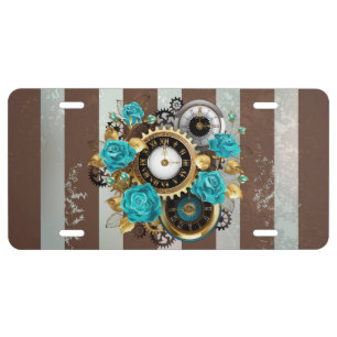 Steampunk Clock and Turquoise Roses on Striped License Plate